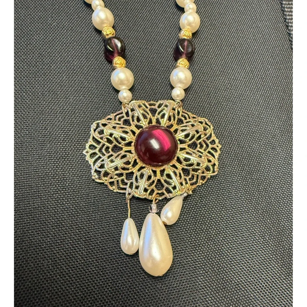 Vintage V.A. Faux Pearl Purple Glass Bead Filigree Pendant Necklace Gold Tone